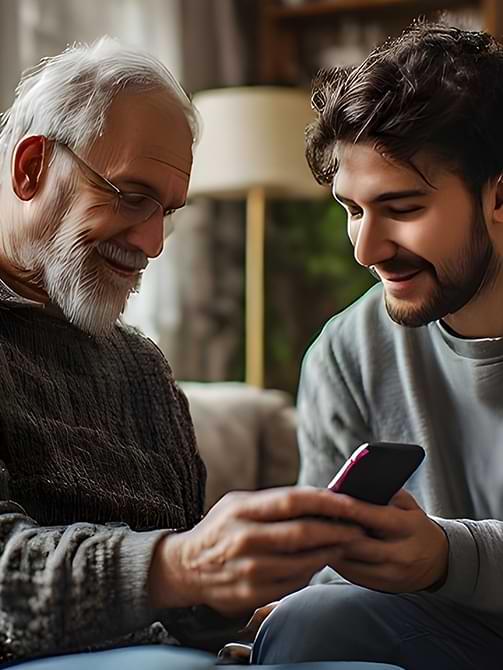 Friendly one-to-one technology support helping someone use a mobile device confidently