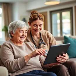 Care home residents using tablets with staff assistance