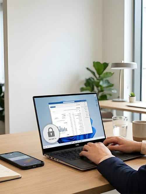 Person sat at a desk with a laptop showing a cookie policy agreement on the screen