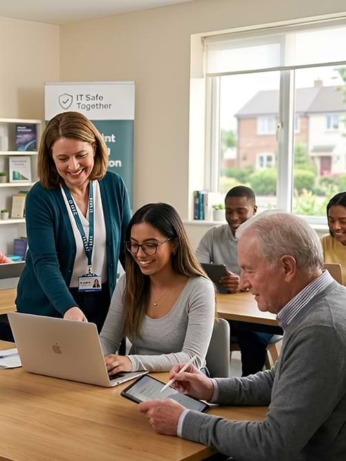 Patient digital skills tutor helping a senior with a laptop in Cullompton, Devon