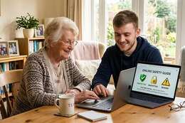 A technical expert guiding an elderly person on how to use a laptop