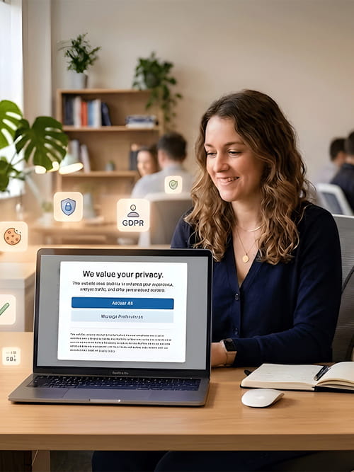 people working in an office with a laptop showing a privacy policy agreement on the screen