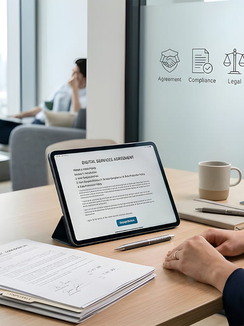 Tablet on a desk showing a terms and conditions aggreement with a pen and coffee cup